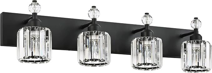 PRESDE Crystal 4- Light Vanity Light for Bathroom，Modern Matte Black Bathroom Lights Fixtures Over Mirror Wall Sconce