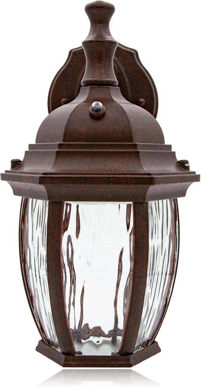 Maxxima LED Brown Outdoor Wall Light, 580 Lumens 3000K, Dusk to Dawn Sensor | Clear Water Glass, Warm White, Photocell Sensor, Exterior Patio or Porch Sconce Fixture