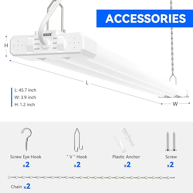 JESLED 4FT LED Shop Lights, 4000K/5000K/6500K Selectable, 30W/40W/50W Adjustable, 5400-7500LM, Commercial Linkable Utility LED Light for Garage, Plug and Play, Ceiling & Suspension Mount, ETL,6P