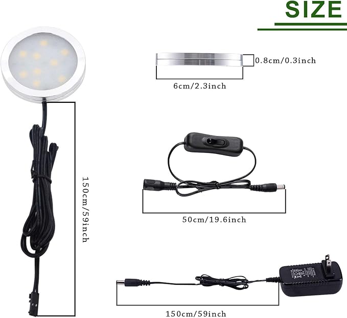 AIBOO 12V LED Under Cabinet Lighting Kit 3 Packs Slim Aluminum Puck Lights with 2-Way Switch All Accessories Included for Counter Closet Lighting 6W (Warm White)