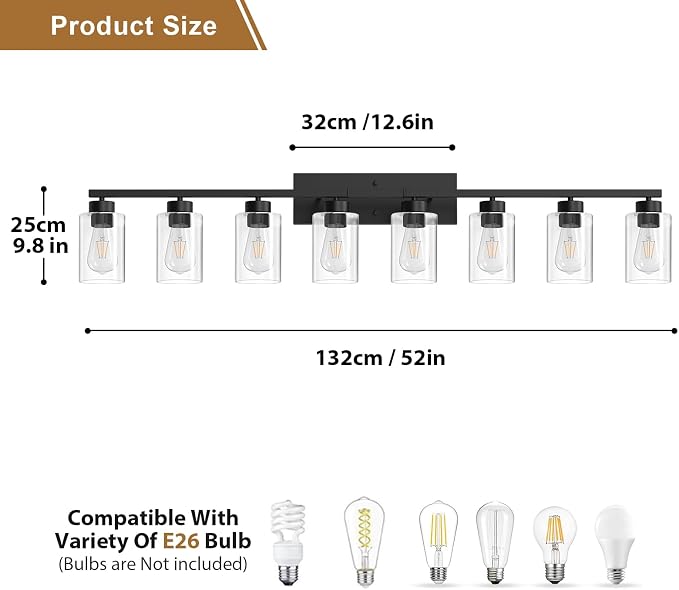 IZORRO Modern Bathroom Light Fixtures, 8 Light Black Vanity Lights, Bathroom Lighting Fixtures Over Mirror with Clear Glass for Living Room Cabinet Bedroom