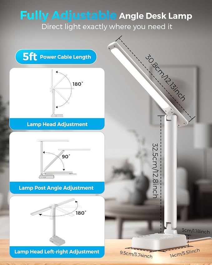 LED Desk Lamp with Power Strip, 3 AC Outlets, 4 USB Ports, Stepless Dimming | 2800K-6500K Color, 2 USB-C, Foldable Design, Timer & Memory, Study, Home Office & College Dorm, 5FT Cord