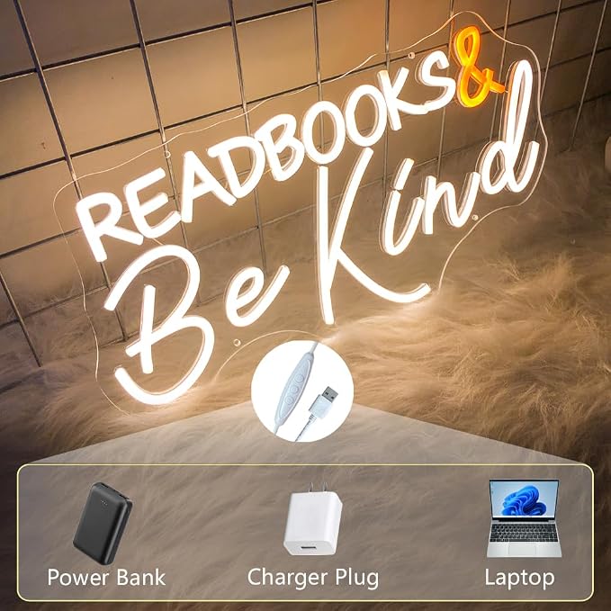 Read Books and Be Kind Neon Sign, LED Neon Light for Classroom Signs | Dimmable USB Powered Letter LED Neon Lights, 19"x9.6" Student LED Neon Light for Bookstore Library Museum Study Room Decor