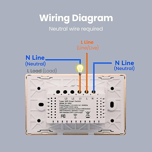 WiFi Energy Monitoring Smart Light Switch,Single Pole 1-Button,Neutral Wire Required,2.4GHz,Compatible with Alexa,Tuya/Smart Life App,Single-Gang,Aluminum Frame 2.5D Glass Panel,White