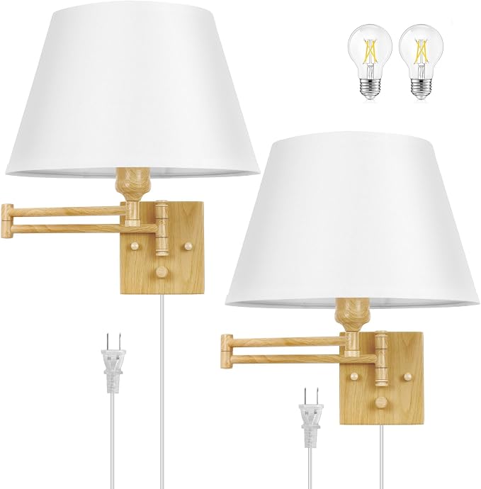 TRLIFE Dimmable Wall Sconce Plug in, Wall Sconces Set of 2 Swing Arm Wall Lights with Plug in Cord and Dimmer On/Off Knob Switch, 11.8" Large White Fabric Shade(2 LED Bulbs Included, Oak Color)