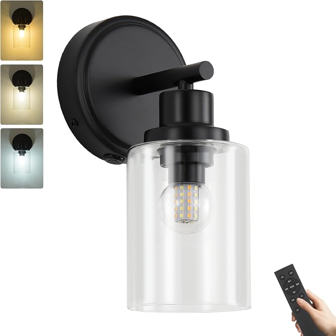 Black Rechargeable Wall Sconce Single, Bathroom Vanity Lights with Transparent glass Lampshade, Remote and Dimmable Bulb, Modern Farmhouse Lighting Fixtures for Bedrooms, Hallways, Living Room