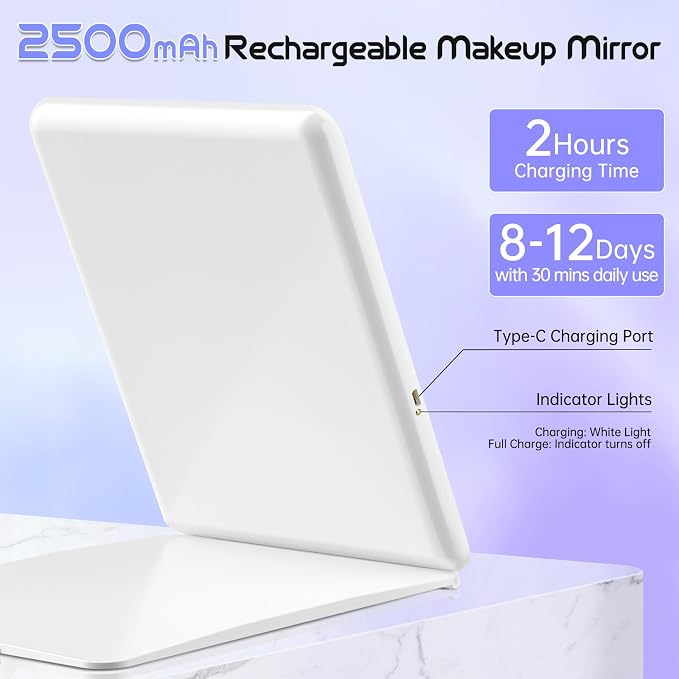 FUNTOUCH 2500mAh Large Rechargeable Travel Makeup Mirror with Light | Portable Makeup Mirror with 10X Magnifying Mirror 3 Lighting Modes, Dimmable Touch,Tabletop Travel Mirror with Storage Bag