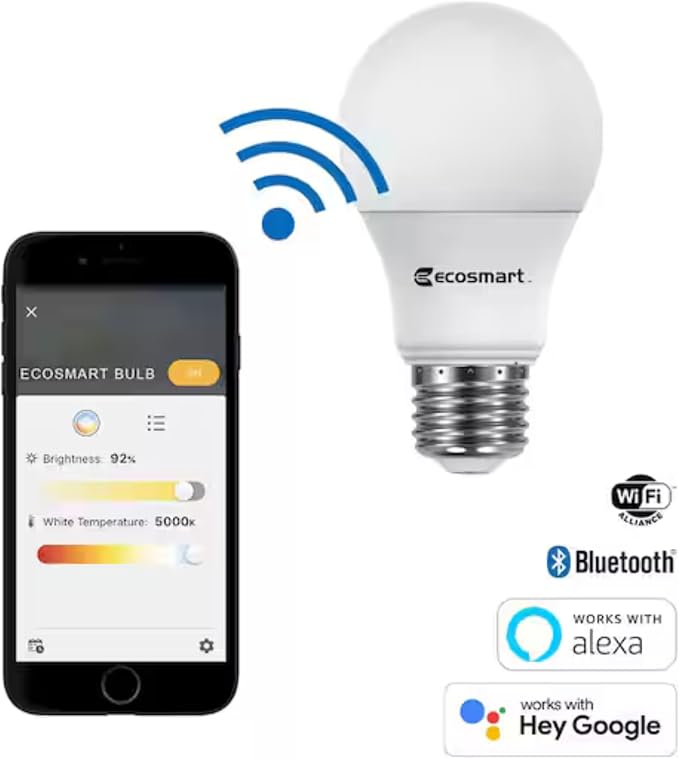 Smart LED Bulb 60W A19, Wi-Fi Dimmable with Adjustable Brightness and Temperature, Compatible with Alexa, Google Home, and Hubspace App (1-Pack)