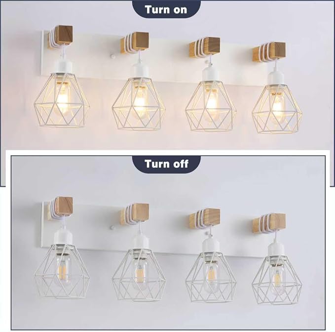 maesta 4 Light Bathroom Vanity Light, Farmhouse White Fixture Over Mirror | Farmhouse Bathroom Light Fixtures, Wood & Metal, Anti-Rust Easy to Install for Rustic Bathroom Hallway
