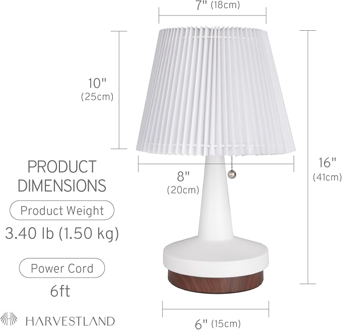 HarvestLand Pirouette 16'' White Table Lamp, Pleated Shade Bedside Lamp, Lamp for Living Room, Nightstand Lamp