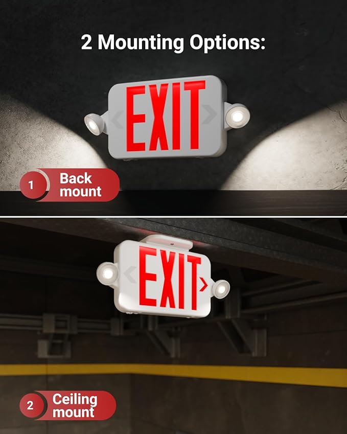 Sunco LED Exit Sign With Emergency Lights, Red, Two Mini Adjustable Lights, 94V-0 Fire Resistant, Backup Battery, 2.3W 6000K Daylight Deluxe, 200 Lumens 120-277V, Wall Or Ceiling Mount UL