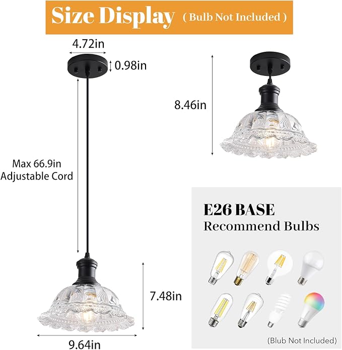 Vintage Pendant Light, Glass Pendant Light Fixture with Flower Clear Shade, Farmhouse Black Pendant Lighting for Kitchen Island, Dining Room, Bedroom, Living Room, Entryway, Hallway
