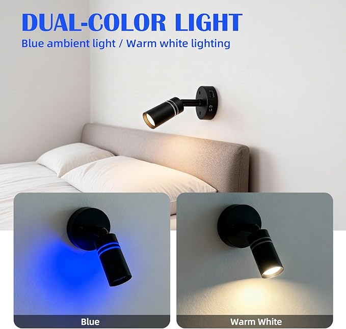 THALASSA Black RV Reading Light with USB-C Charger and USB Port, Dimmable Warm White Camper Van Bedside Lamp with Blue Night Light Mode for Motorhome, Camper, Truck, Marine