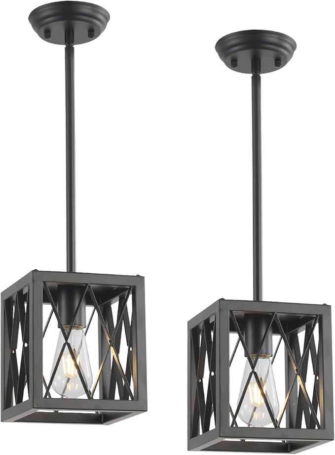 KEESFU Farmhouse Pendant Light with Metal Cage,1 Light Black Pendant Lighting for Kitchen Island,39 Inch Adjustable Rods for Flat and Slop Ceiling,Kitchen Island Hallway Foyer.2 Pack.