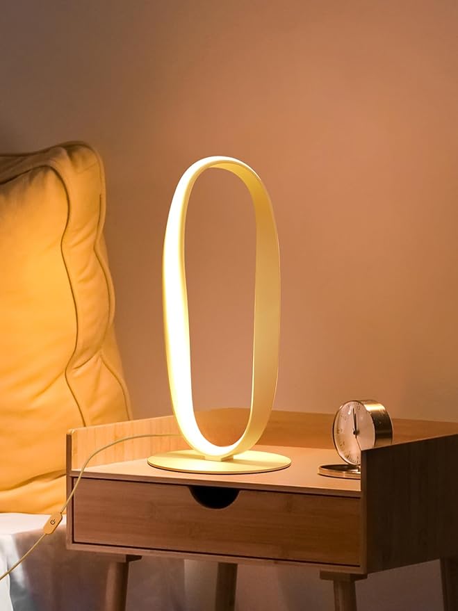 NUÜR Circle LED Table Lamp, 3 Color Temperatures Bedside Lamp for Living Room, Stepless Dimmable Bedside Table Lamp, White Unique Nightstand Lamp for Bedroom, Home, Office