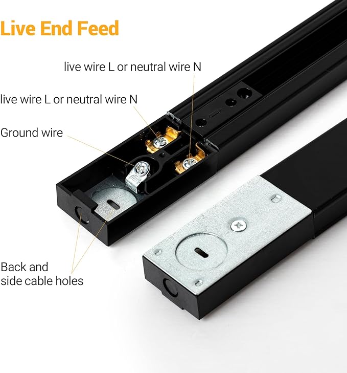 VANoopee 16FT H Track Lighting System - Black Rail Kit With End Caps & Live End Feed Connector - Compatible With Single Circuit 120V H Style Track Heads