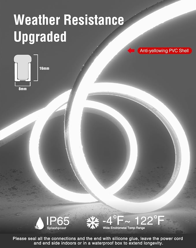 82FT/25M LED Neon Rope Lights, Cool White AC 110V-120V Neon LED Strip Lights, Flexible Waterproof SMD2835 120LEDs/M Indoor Outdoor Ropes Lights, Bright Ambient Lighting Decoration