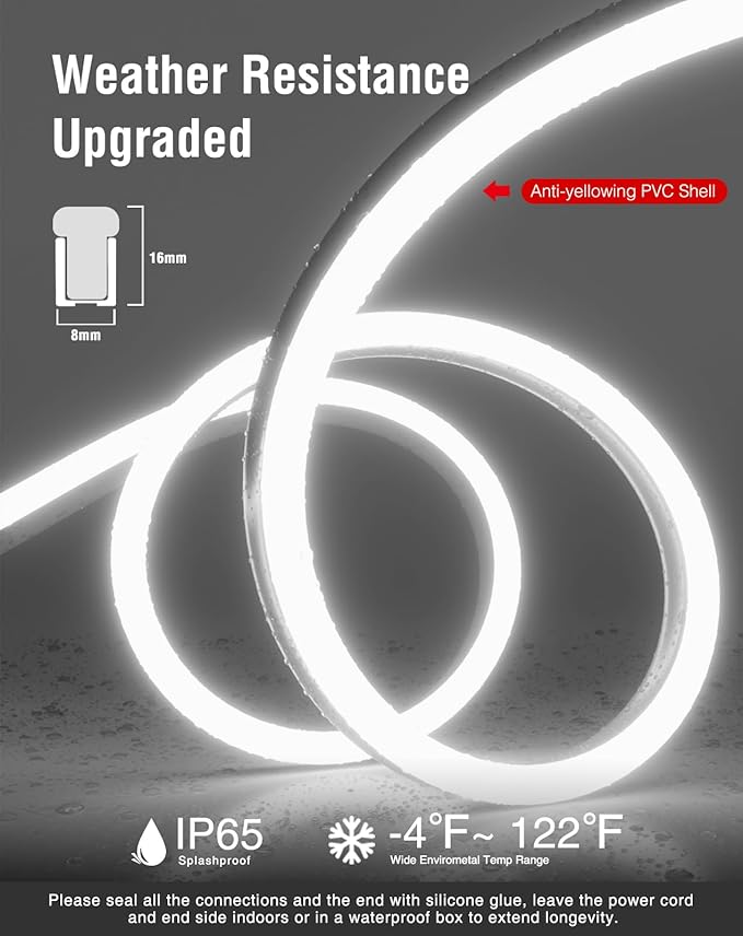 LED Neon Rope Lights AC 120V, Expandable & Cuttable 120LEDs/M Bright Strip Lighting, ETL Cold-Resistant & IP65 Waterproof for Indoor Outdoor, 8x16mm, 6300K Cool White, 131.2ft