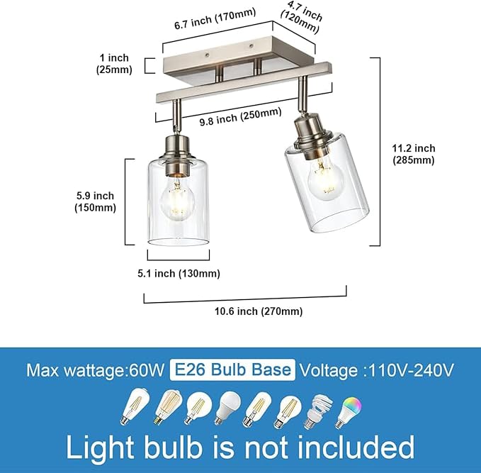 2 Light Track Lighting Fixtures Ceiling, Modern Brushed Nickel | Track Lighting Kit with Clear Glass, Bathroom Wall Scones, Rotatable Spotlight Ceiling Mount for Kitchen Hallway