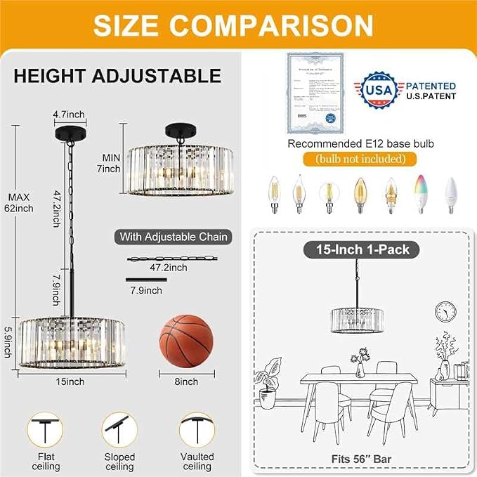 15" Modern Crystal Chandelier for Dining Room, No Assembly Required 4-Light Black Dining Room Light Fixture Over Table, Hanging Pendant Lights Fixture for Kitchen Island Living Room Foyer Entryway