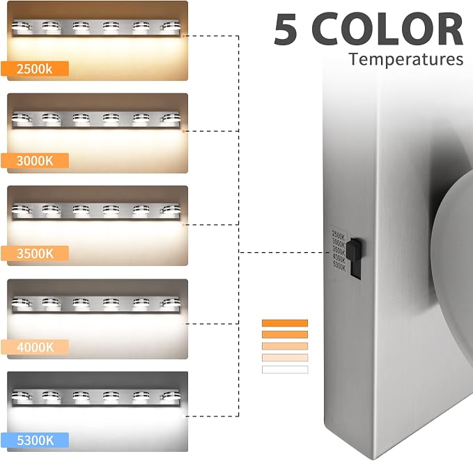 6 Light Brushed Nickel Vanity Light Fixtures, 47.24in 36W | LED Dimmable Bath Lights, Modern Wall Mounted Lighting Fixture with Rotating Lamp Head, Acrylic Metal, 5CCT Dimmable