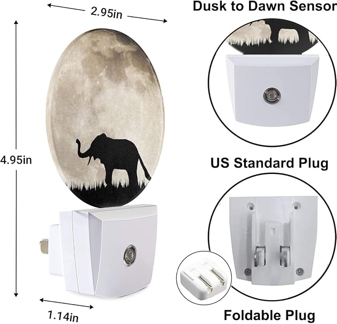 African Animal Night Light Silhouette Elephant on Full Moon Night Lights Plug into Wall 0.5W LED Lighting Auto on/Off for Hallway Stairway Kitchen Home Decor