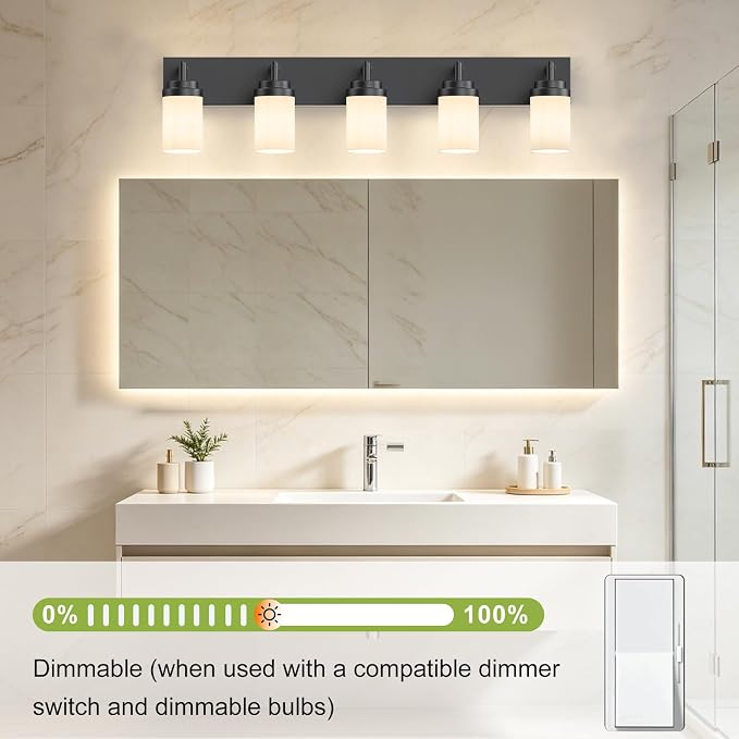 Bathroom Light Fixtures, Matte Black Bathroom Lighting Fixtures Over Mirror, Modern Vanity Light with White Glass Shade, Restroom Lighting Fixtures, 5-Light 36-inch