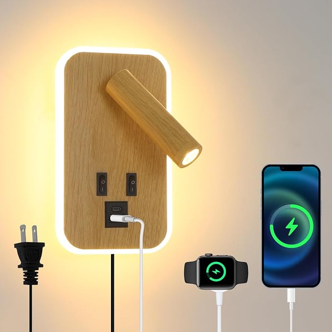 Wall Mounted Reading Lights with Wall Sconce Plug in&Hardwired | Wall Lights for Bedroom with USB C+A Ports, Bedside Lamp with 9W Night Light, Wood Color Reading Light Adjustable 350°Angle