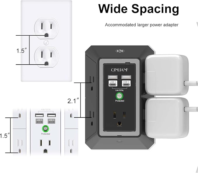 3-Sided Surge Protector Power Strip - QINLIANF Multi Plug Outlet with 5 Outlet Extender and 4 USB Ports(2 USB-C) and Night Light, USB Wall Charger for Home, Office, Travel, ETL Listed, Black