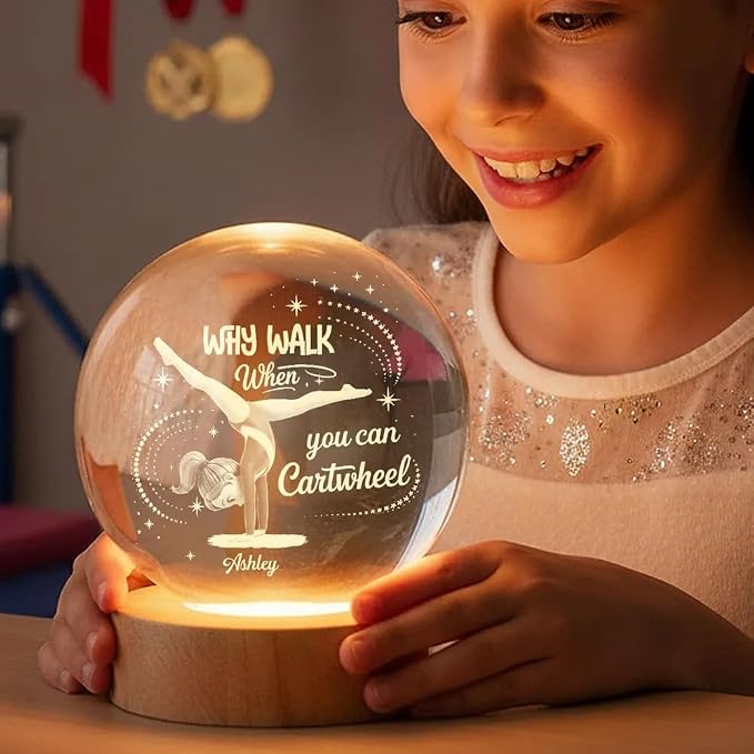Why Walk When You Can Cartwheel Gymnastic Girl - Personalized Crystal Ball Night Light, Custom Gymnastics Cartoon Global Lamp for Girl, Gymnastic Girls Ball Lamp, Gift for Daughter