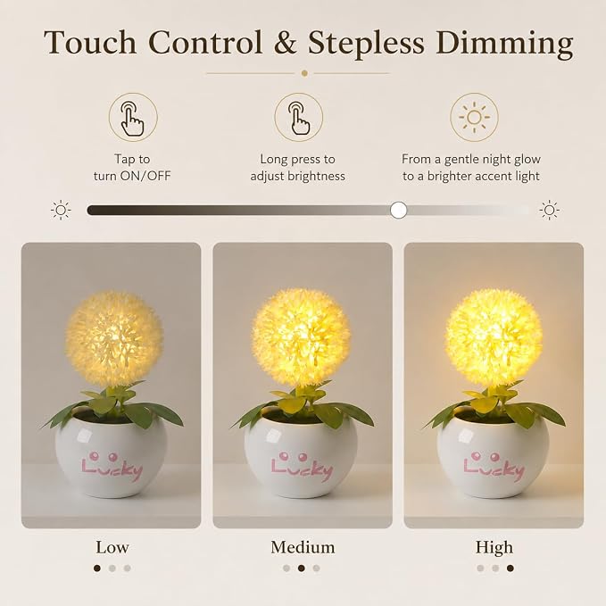 Dandelion LED Night Light,Rechargable Flower Bonsai Desk Lamp with Ceramic Base,Stepless Dimmable & Touch Control Accent Light,Aesthetic Room Decor for Bedroom,Dorm,Gifts for Girls Women (Orange)
