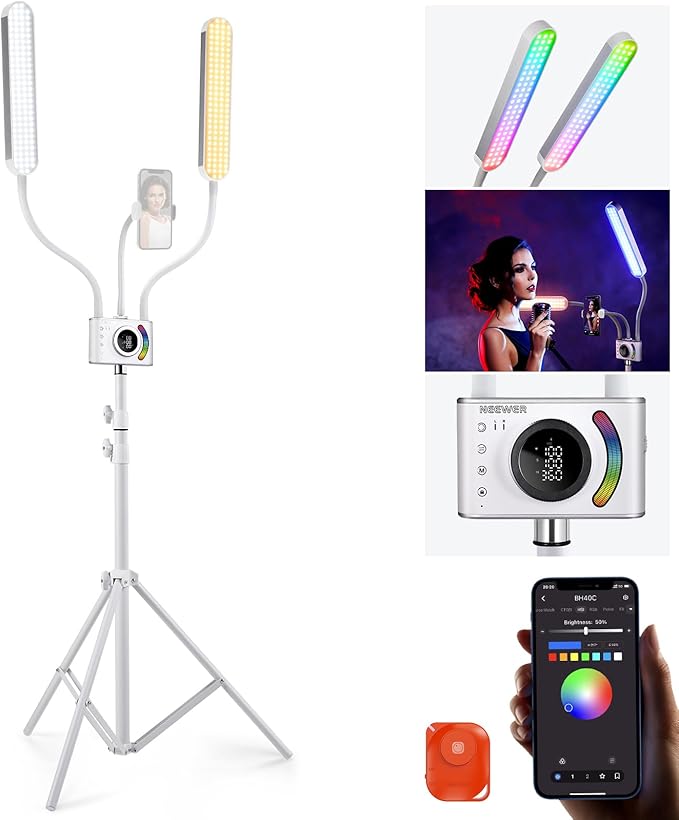 NEEWER RGB Esthetician Light Kit Upgraded with Phone APP Control/Touch Bar, Separate Control Dual Arm LED Video Light w Phone Holder/Stand/Travel Bag, 2500K-10000K 18 Scenes for Tattoo Lash, BH40C