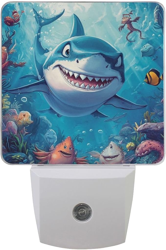 Cartoon Shark in Ocean Night Light Dusk to Dawn Sensor LED Night Dimmable Nightlight Lights Plug into Wall for Living Room