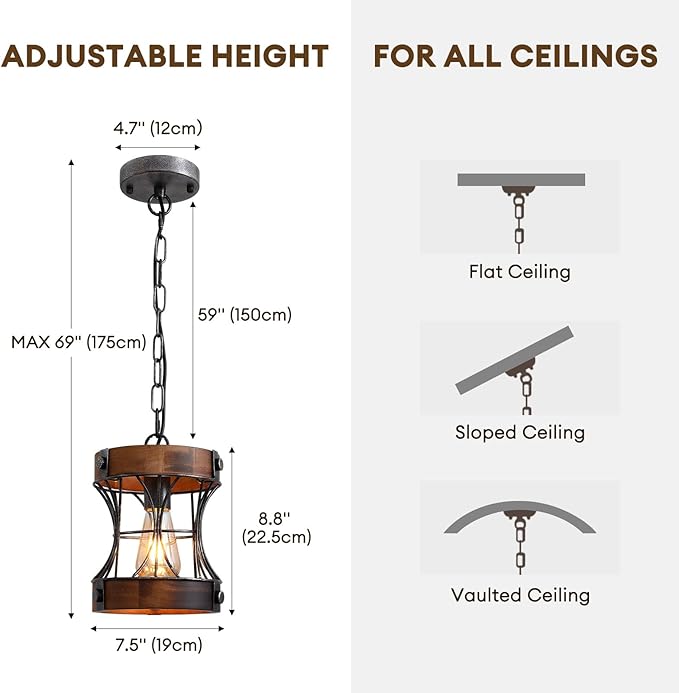 Rustic Chandelier, Modern Farmhouse Chandeliers for Dining Room, Wood Pendant Lights for Kitchen Island Foyer Hallway Bar, 1-Light Retro Rustic Light Fixtures for All Ceilings D 7.5" x H 8.8"