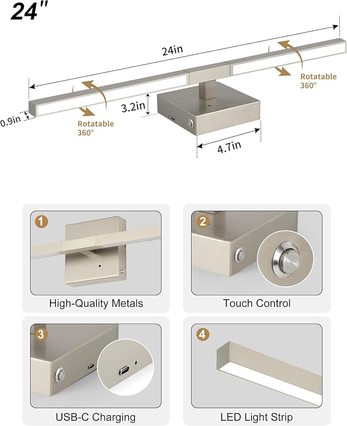 Rayogale Nickel Battery Operated Wall Sconces Set of 2, 24 Inch | 3000/4500/6000K Dimmable 8000mAh Wireless Rechargeable Wall Sconces with Remote Control, Timer for Living Room, Bedroom
