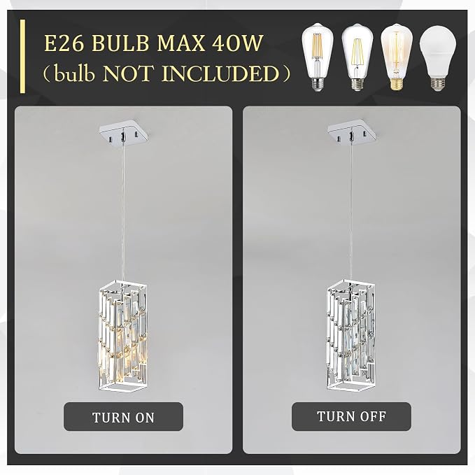 CATINER Chrome Crystal Pendant Light, Mini Hanging Light, E26 | Chrome crystal pendant light with adjustable 70.8" cord, E26 base, dimmable, ideal for kitchen island lighting