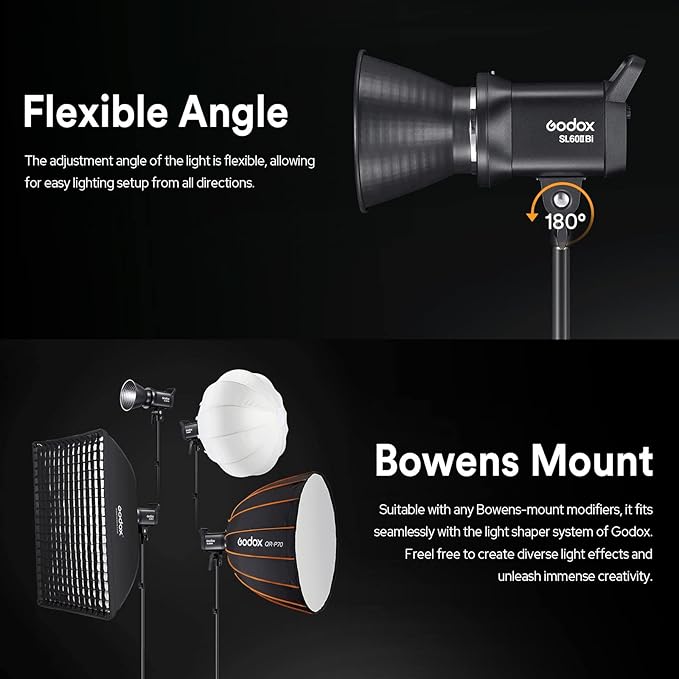 Godox SL60IIBi Bi-Color LED Video Light 75W, 2800K-6500K, CRI96+ TLCI97+, 25100Lux@1m, Bowens Mount LED Continuous Output Light w/11 FX Effects, APP/2.4G Wireless Control, Dimmiable Brightness