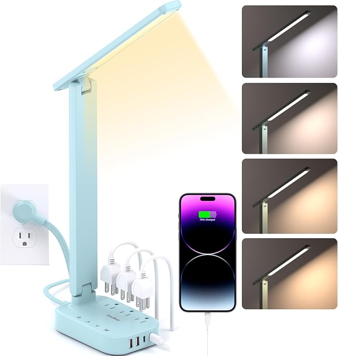 LED Desk Lamp, Power Strip with 4 USB 3 Outlets, Dorm Room Essentials, Blue | One Beat 4 Modes 5 Level Brightness Touch Lamp, Small Desk Lamp for Home Office College Dorm Essentials, Study Reading Light