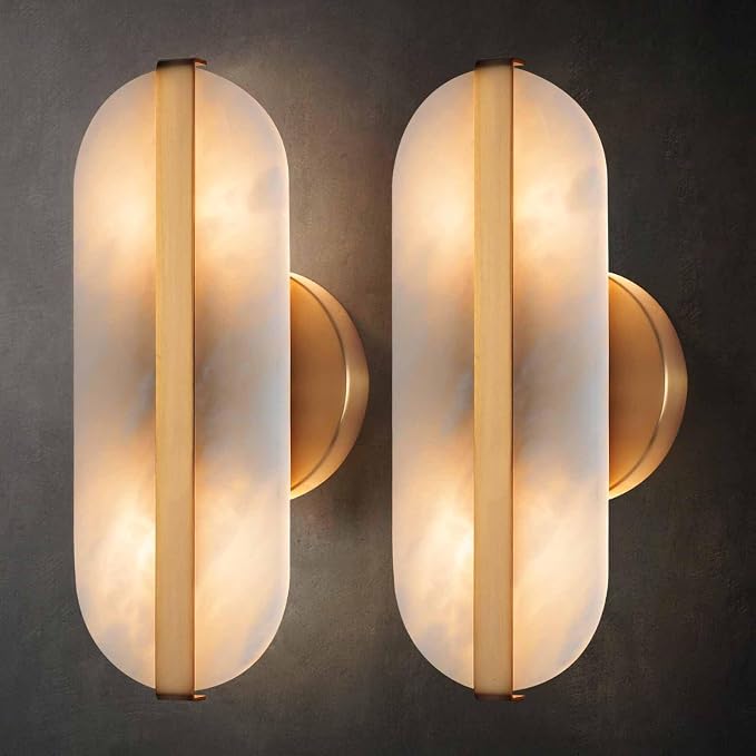 Natural Alabaster Wall Sconces Set of Two Marble Wall Sconces Hardwired | Gold Bathroom Vanity Wall Light Fixtures Modern Oval Stone Wall Lamp for Bedroom Living Room Hallway Restaurant, 11.8in