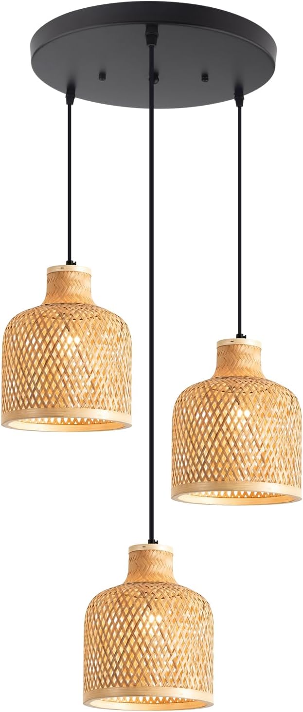 3-Light Bamboo Woven Pendant Light Boho Rattan Hanging Chandelier with Adjustable 59" Cord, Farmhouse Wicker Shade Ceiling Light Fixture for Dining Room Kitchen Island Living Room