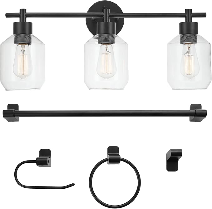 Globe Electric 65556 All-in-One 5-Piece Bathroom Set, Matte Black Finish, 3-Light Vanity with Clear Glass Shades, Towel Ring, Toilet Paper Holder, Robe Hook, and Towel Bar, Modern Bathroom Lighting