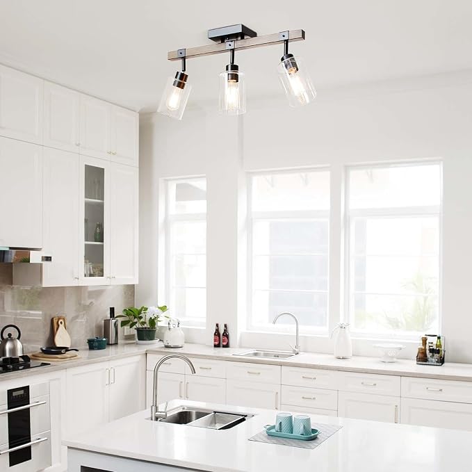 Globe Electric Austin 3-Light Faux Wood Track Lighting with Matte Black Accents and Clear Glass Shades