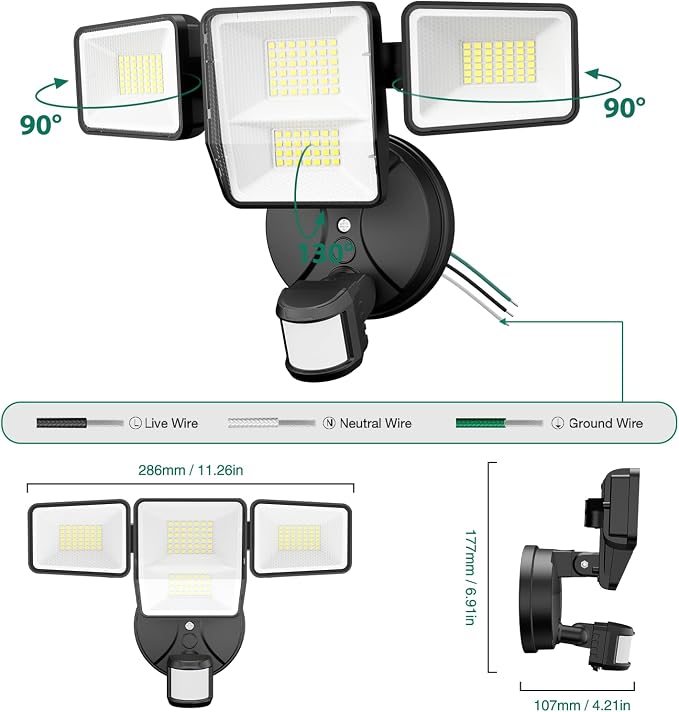 70W 7000LM Security Lights Outdoor, 4-Head LED Motion Sensor Light, Hardwired Dusk to Dawn Flood Light, 6500K Daylight, IP65 Waterproof, 3 Modes for Yard Garage Porch (1)