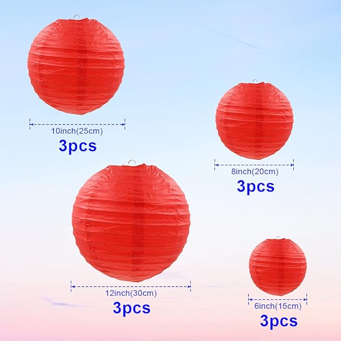 Red Paper Lanterns 12 Pcs Assorted Size of 6" 8" 10" 12" Chinese Round Paper Hanging Decorations Ball Lanterns Lamps for Home Decorations, Parties, and Weddings