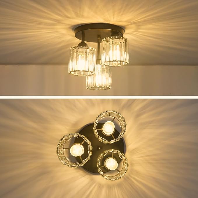 Crystal Semi Flush Mount Ceiling Light, 3-Light Modern Close to Ceiling Light Fixtures, Black Kitchen Light Fixtures with Clear Crystal Shade, Hallway Light Fixtures for Hallway Bedroom Bathroom, E26