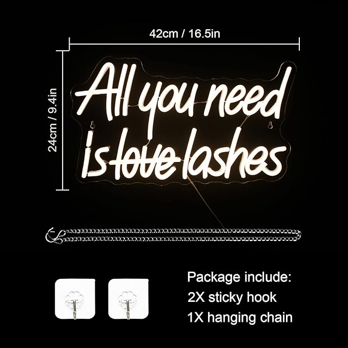 WLHOPE All you need is Lashes Neon Sign, Warm White Led Neon Signs for Wall Decor, Lash Neon Signs Letter Neon Lights for Bedroom Bar Party Girls Room Nail Room Salon, Lash Room Decoration
