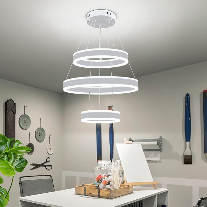 O'NEELDY Modern LED Chandeliers Adjustable Hanging White Pendant Light Fixture 3 Ring Flush Mount Chandeliers for Bedroom,Kitchen,Island Cafe