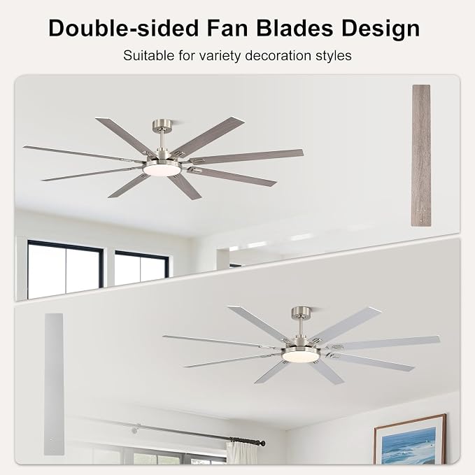 80 Inch Ceiling Fans with Lights and Remote, Bedroom Living Room Office Library Cafe Outdoor Industrial, 5CCT Dimmable, Dual Color 8 Blades, 6 Speed Reversible Quiet DC Motor, Sand-nickel/Wood Grain