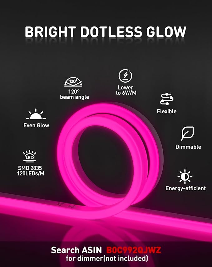 Shine Decor LED Rope Lights AC 120V, Connectable & Cuttable Dotless 120LEDs/M Eco Neon Strip Lighting, ETL IP65 Waterproof & Weather-Resistant for Home Commercial, 8x16mm, Pink, 32.8FT