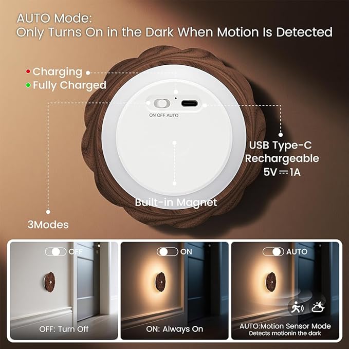 Motion Sensor Night Light Indoor, Rechargeable Wooden Flower Lamp | Black Walnut Carved Fflower Sensor Light, USB-C Rechargeable, Magnetic Mount, Warm Light for Bathroom, Hallway, Home Decor